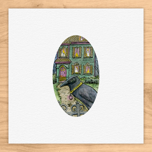 Crow & Haunted House Watercolor Print
