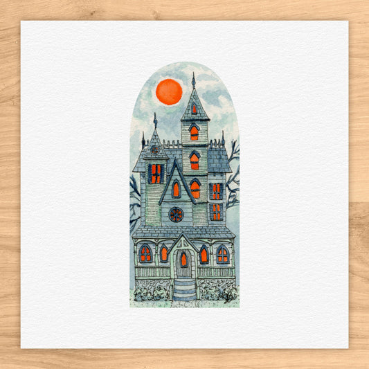 Haunted House with Blood Moon Watercolor Print