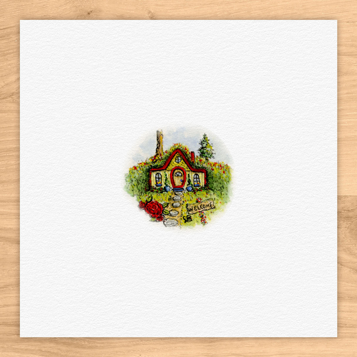 Cozy Home In Hill Tiny Art Watercolor Print