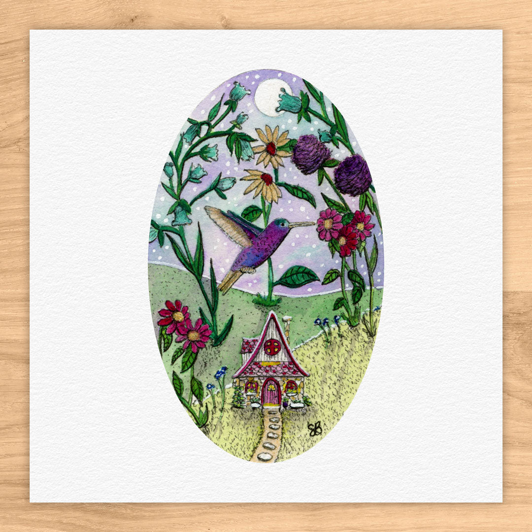 Hummingbird and Flowers Tiny Art Watercolor Print