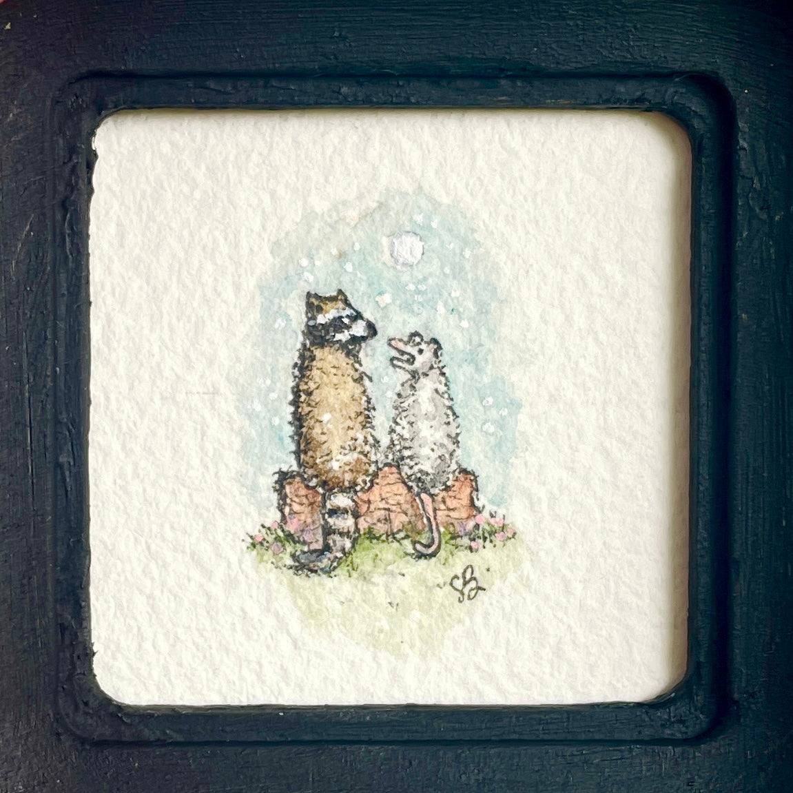 Racoon & Possum on Log Tiny Art Original Watercolor Painting