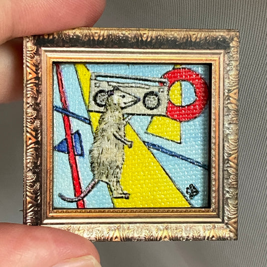 Possum with Boombox Framed Canvas Print Magnet Tiny Art
