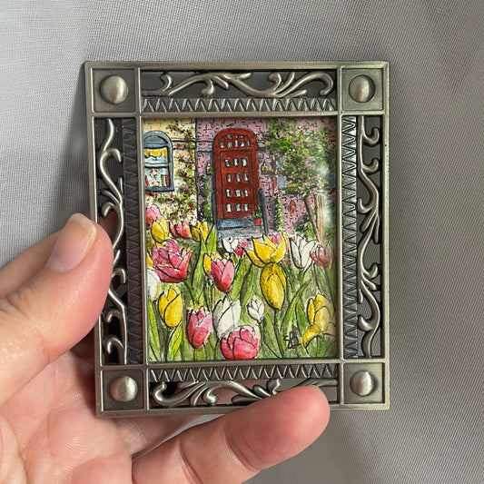 Tulips in Neighborhood Tiny Art Original Watercolor Painting