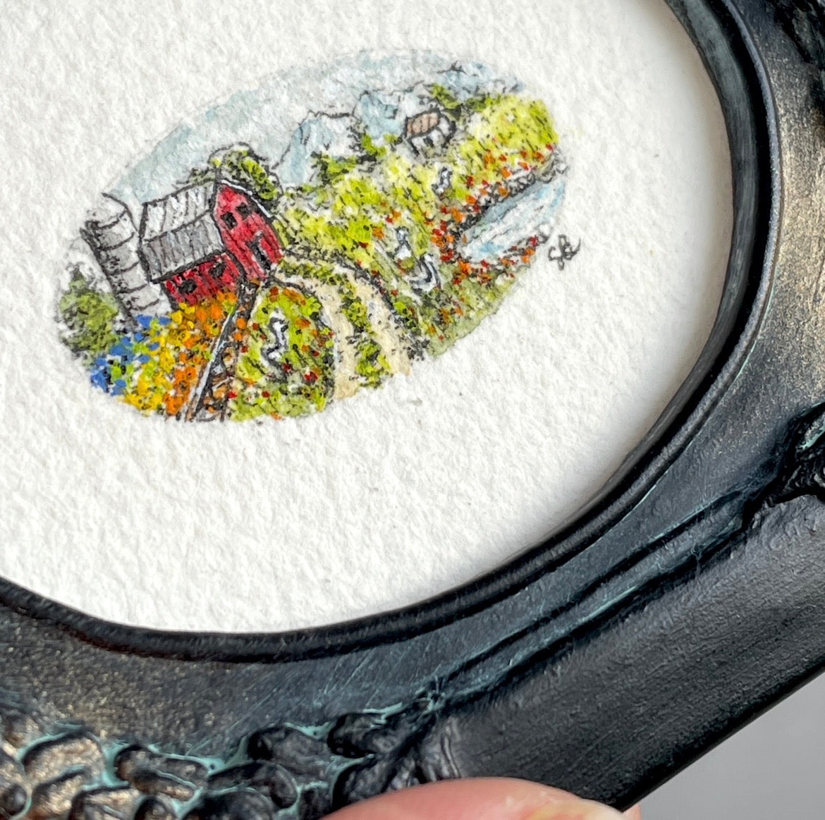 Oval Barn Landscape Tiny Art Original Watercolor Painting
