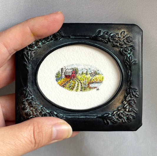 Oval Barn Landscape Tiny Art Original Watercolor Painting