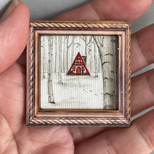 Snowy A-Frame Cabin Framed Magnet Tiny Art