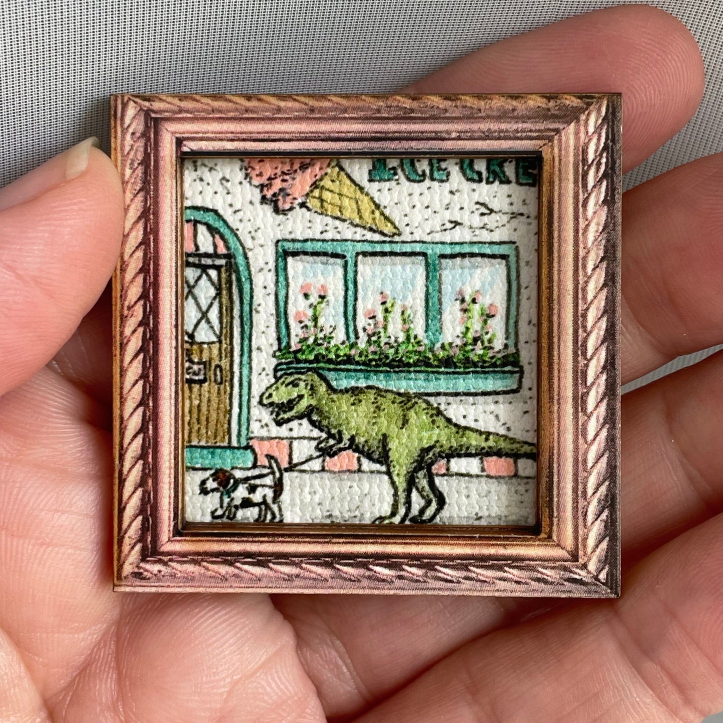 T-Rex Walking A Dog Framed Canvas Print Magnet Tiny Art