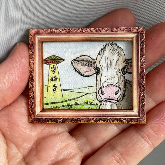 Cow Abduction Framed Magnet Tiny Art