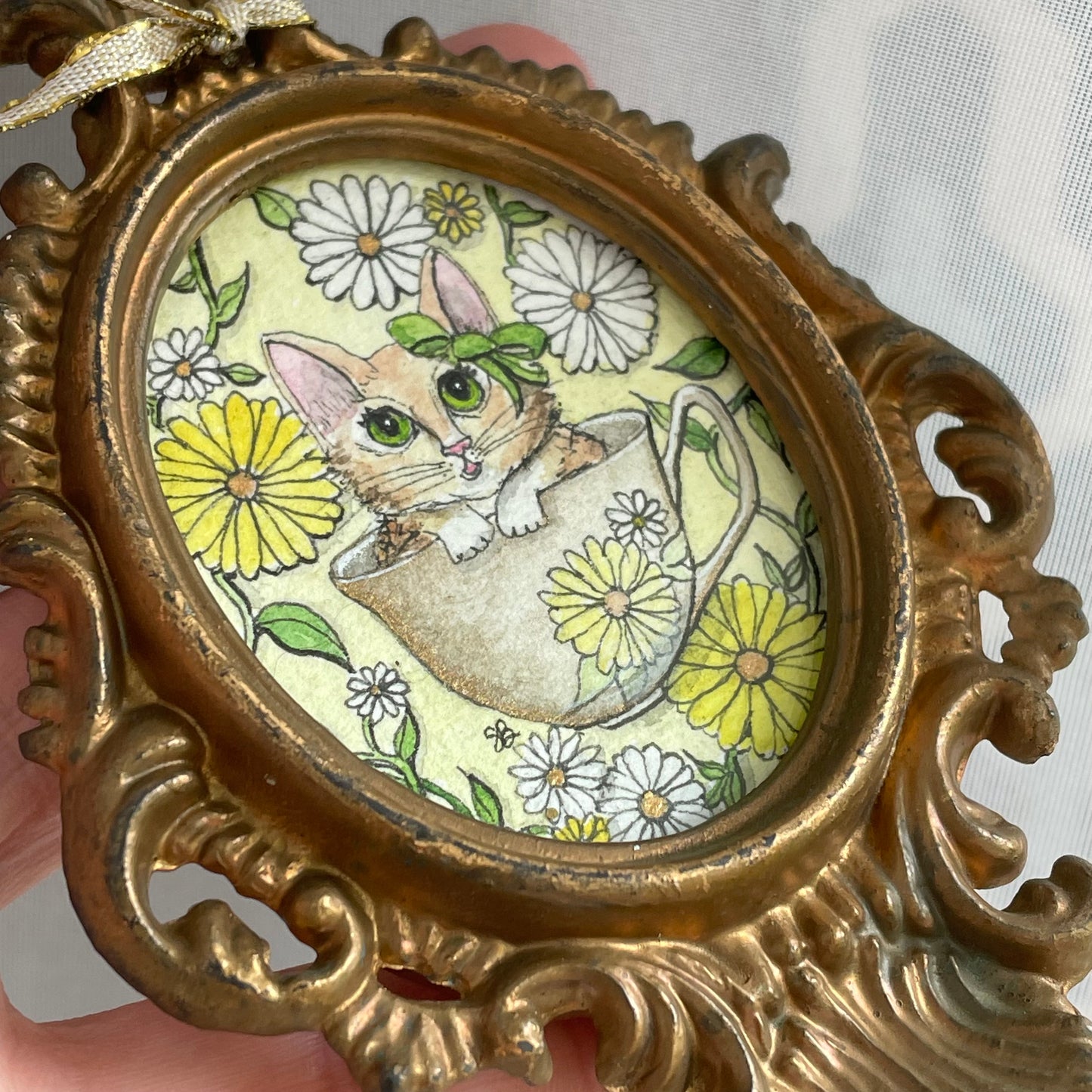 Tea Cup Kitten in Vintage Frame Tiny Art Watercolor Painting