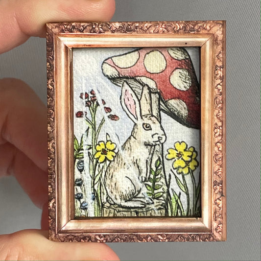 Bunny and Mushroom Framed Magnet Tiny Art