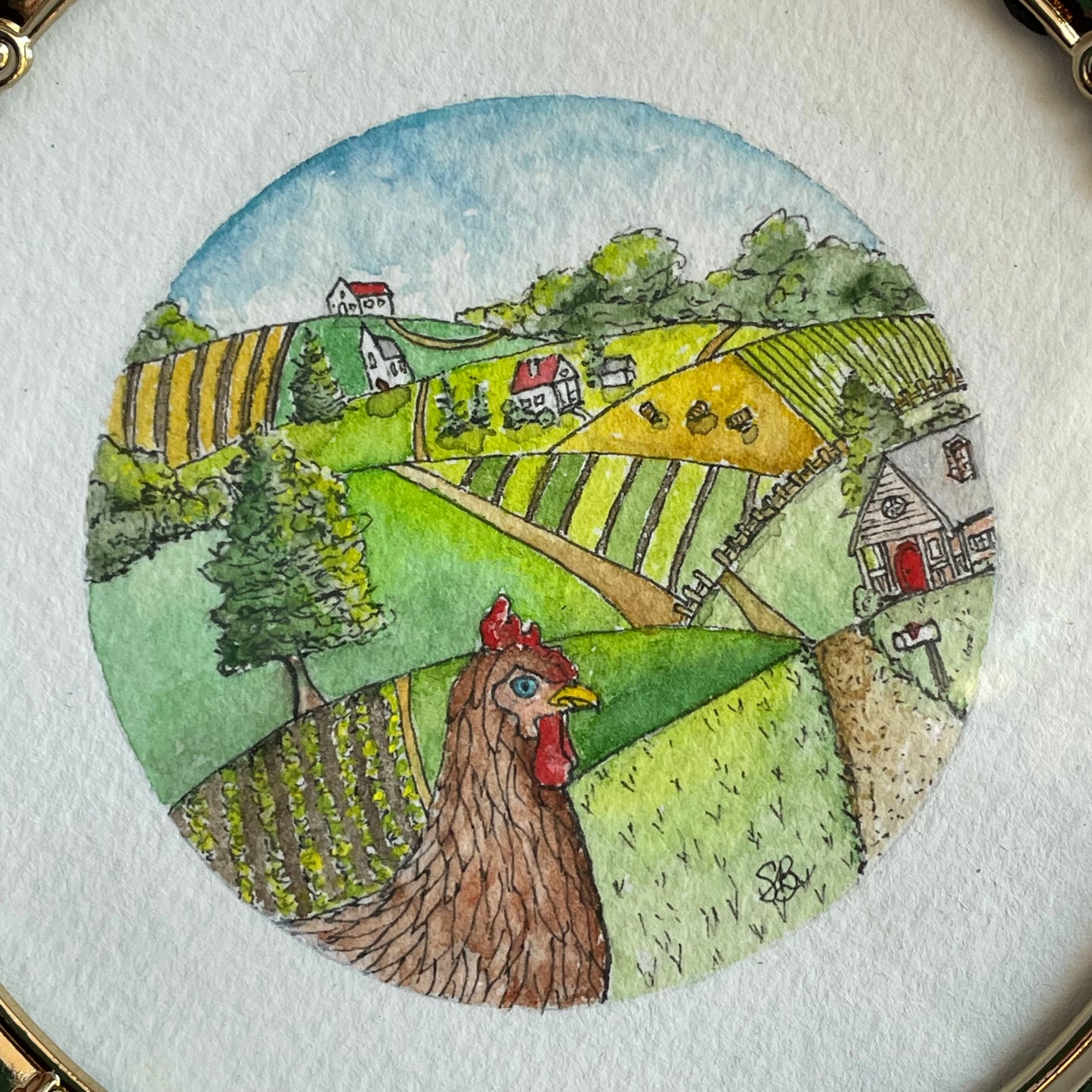 Farm Landscape Tiny Art Watercolor Painting
