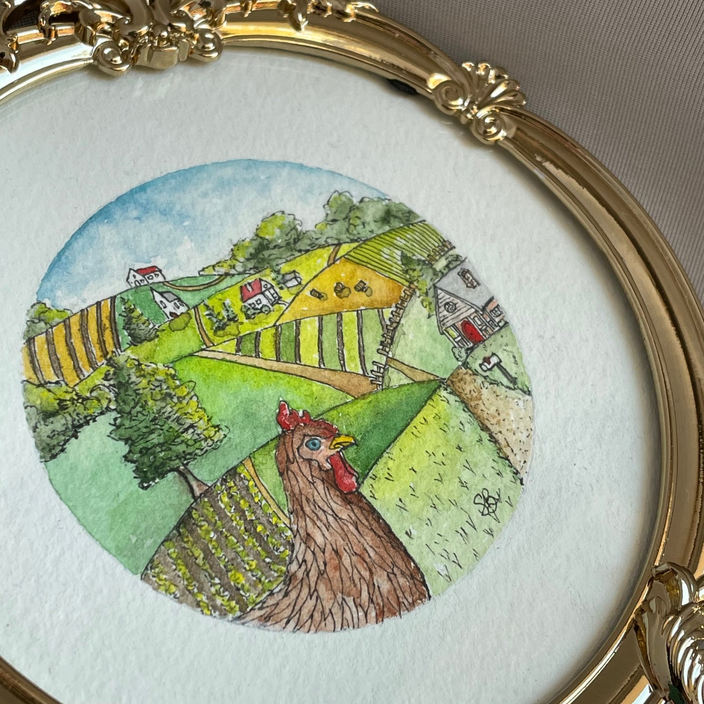 Farm Landscape Tiny Art Watercolor Painting