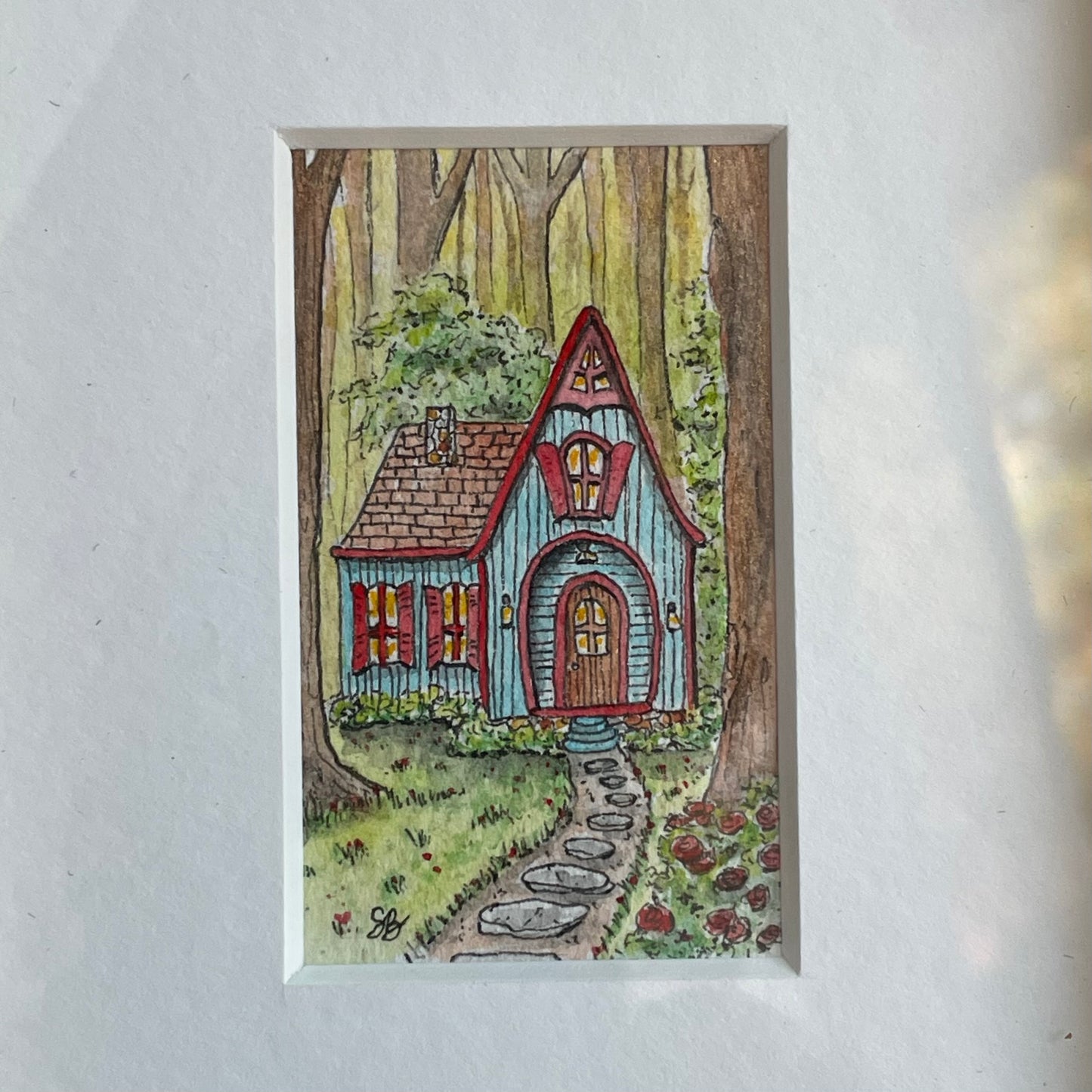 Blue Cottage In Forest Tiny Art Watercolor Painting