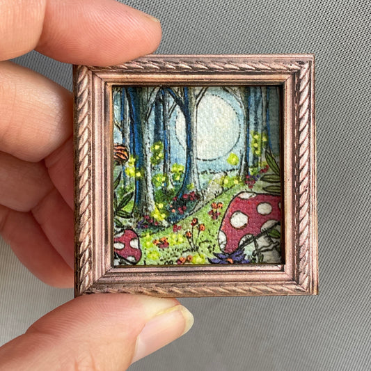 Mushrooms and Fireflies Canvas Print Framed Magnet Tiny Art
