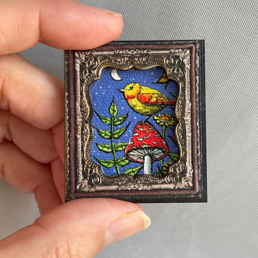 Bird on Mushroom Framed Magnet Tiny Art