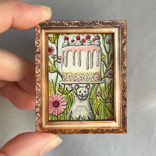 Mouse With Cake Framed Magnet Tiny Art