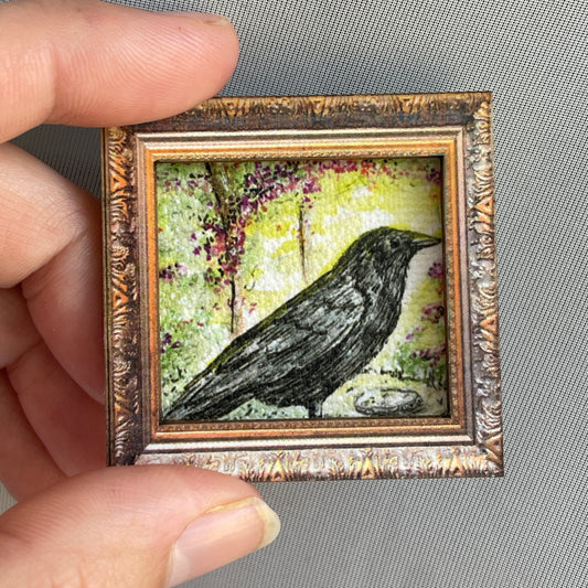 Crow Framed Magnet Tiny Art