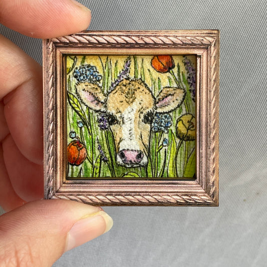 Cow in Flowers Canvas Print Framed Magnet Tiny Art