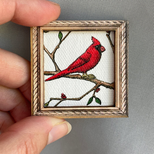 Cardinal on Branch Canvas Print Framed Magnet Tiny Art