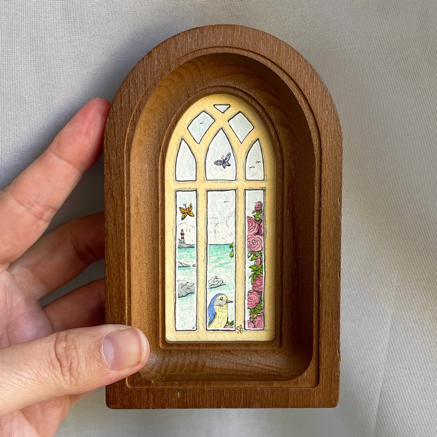 Seaside Arched Window Tiny Art Original Watercolor Painting