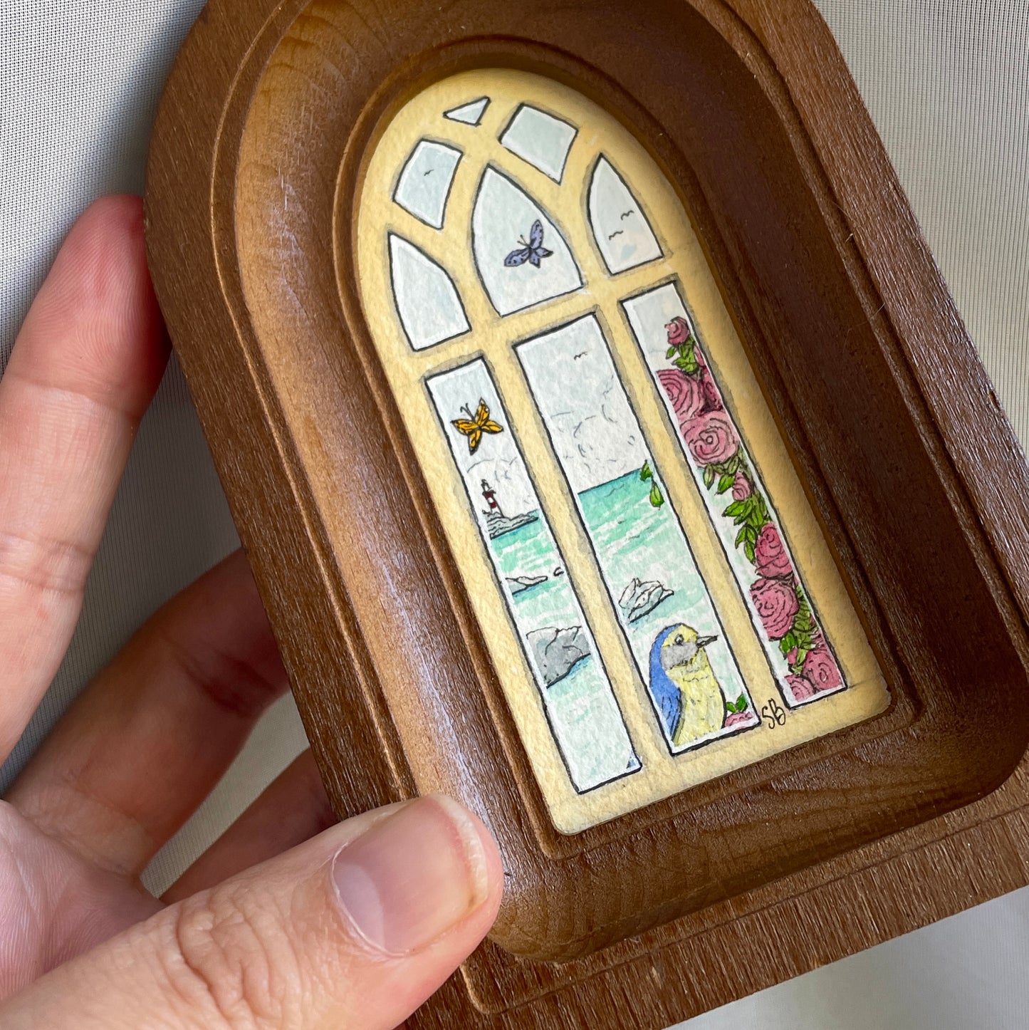 Seaside Arched Window Tiny Art Original Watercolor Painting