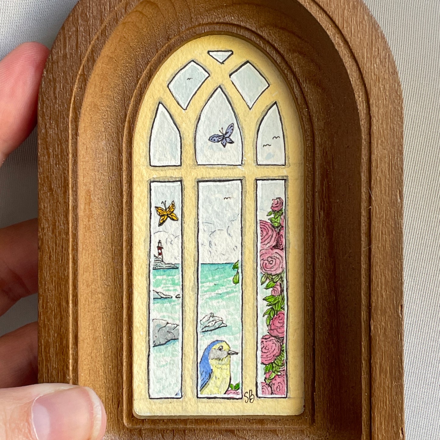 Seaside Arched Window Tiny Art Original Watercolor Painting