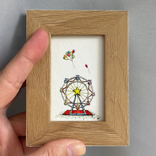 Ferris Wheel And Balloons Original Tiny Art Watercolor Painting
