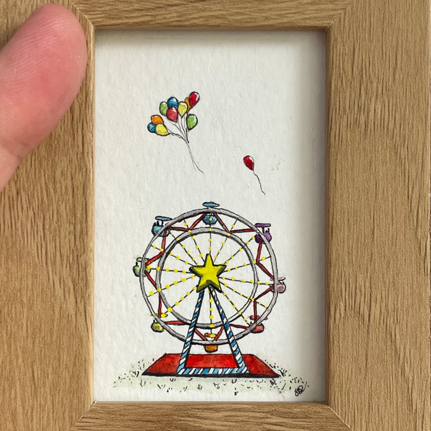 Ferris Wheel And Balloons Original Tiny Art Watercolor Painting