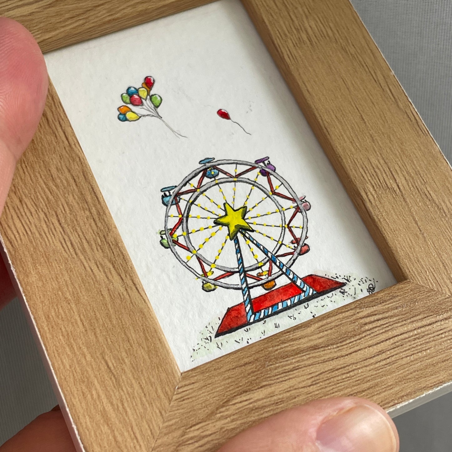 Ferris Wheel And Balloons Original Tiny Art Watercolor Painting