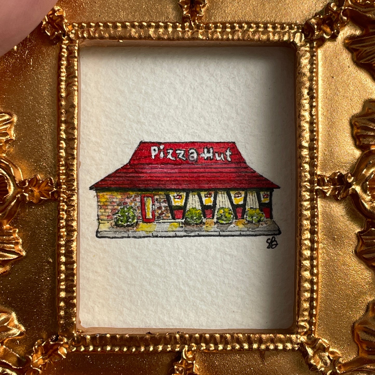 Retro Pizza Hut Tiny Art Original Watercolor Painting