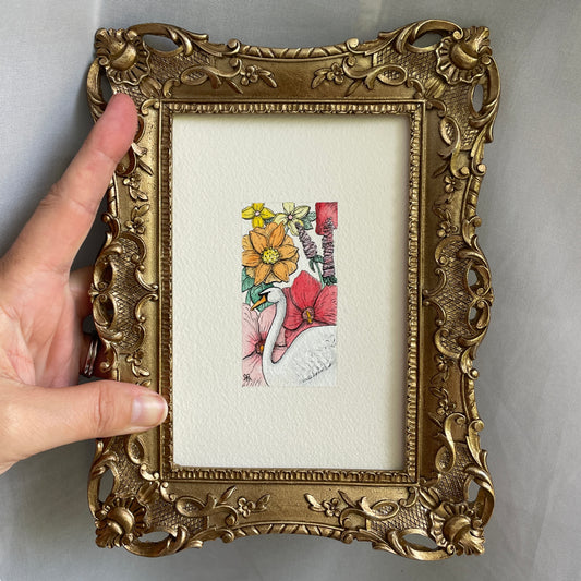 Swan and Flowers Original Tiny Art Watercolor Painting
