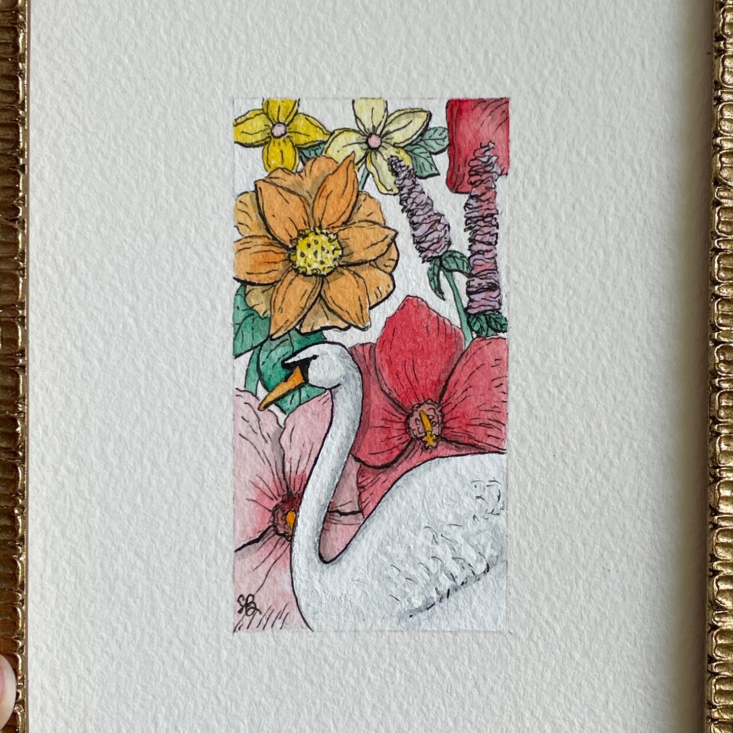 Swan and Flowers Original Tiny Art Watercolor Painting