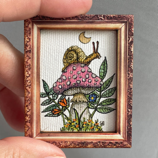 Snail on Mushroom Canvas Print Framed Magnet Tiny Art