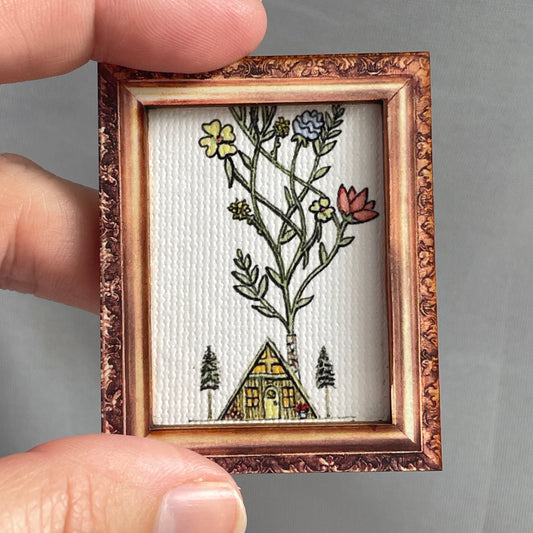 A-Frame Cabin with Floral Smoke Canvas Print Framed Magnet Tiny Art
