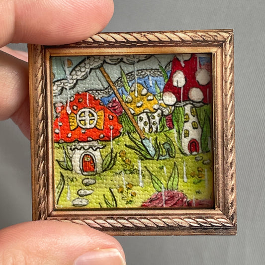 Mushroom Village Under Umbrella Framed Magnet Tiny Art