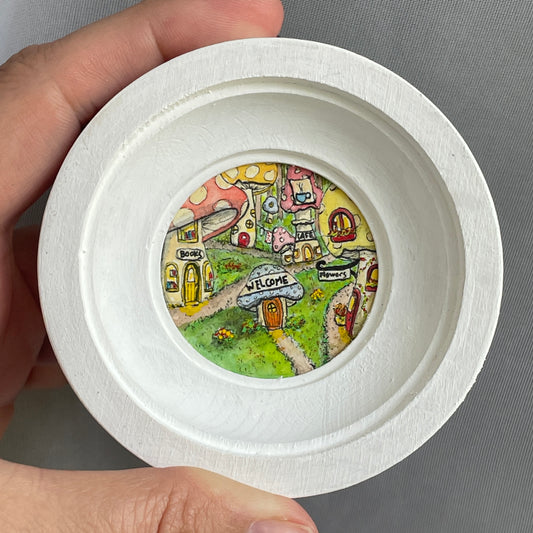 Mushroom Village Tiny Art Original Watercolor Painting