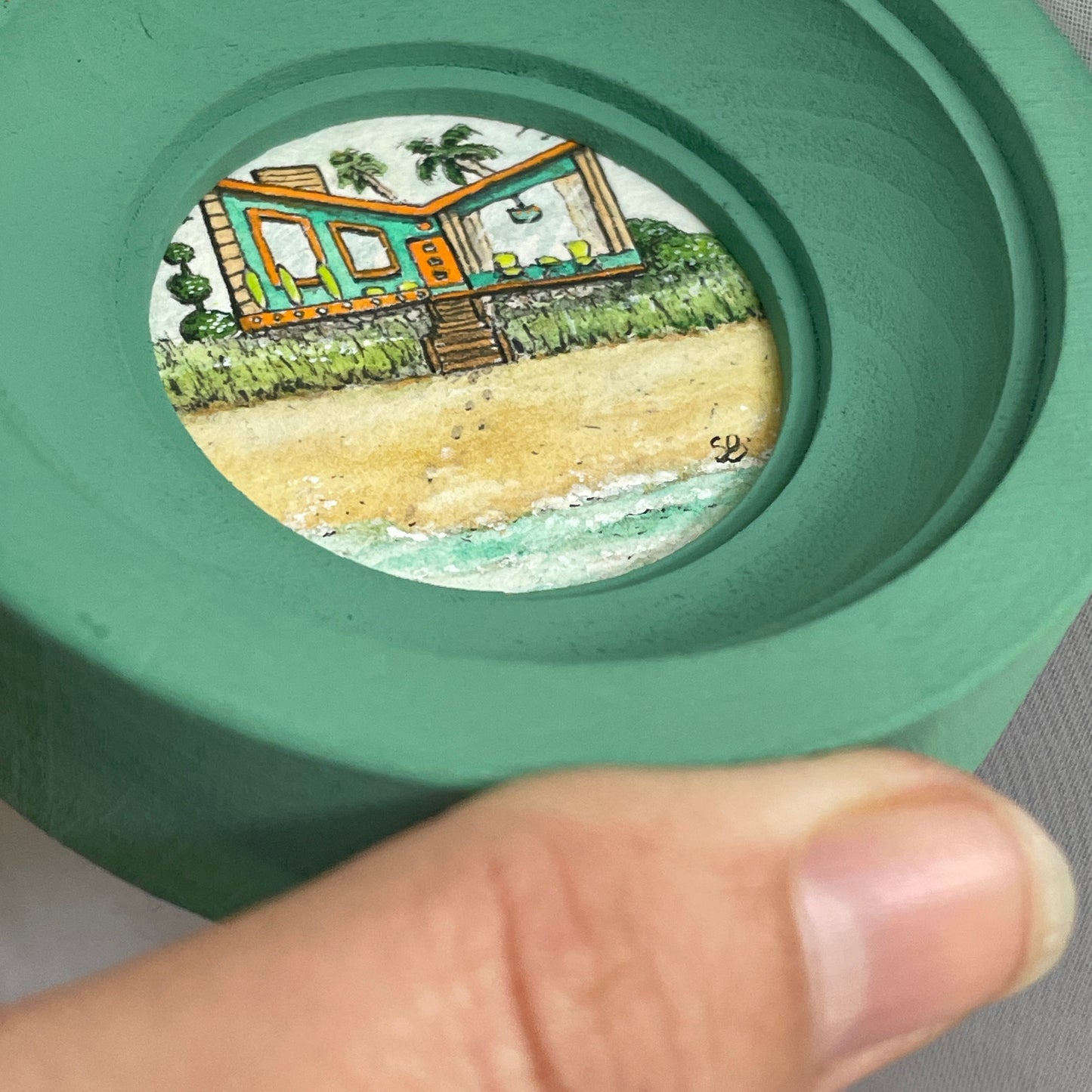 Mid-century Beach House Tiny Art Original Watercolor Painting