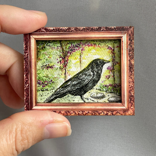 Crow On Fence Framed Canvas Print Magnet Tiny Art