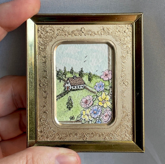 View From Window Original Tiny Art Watercolor Painting