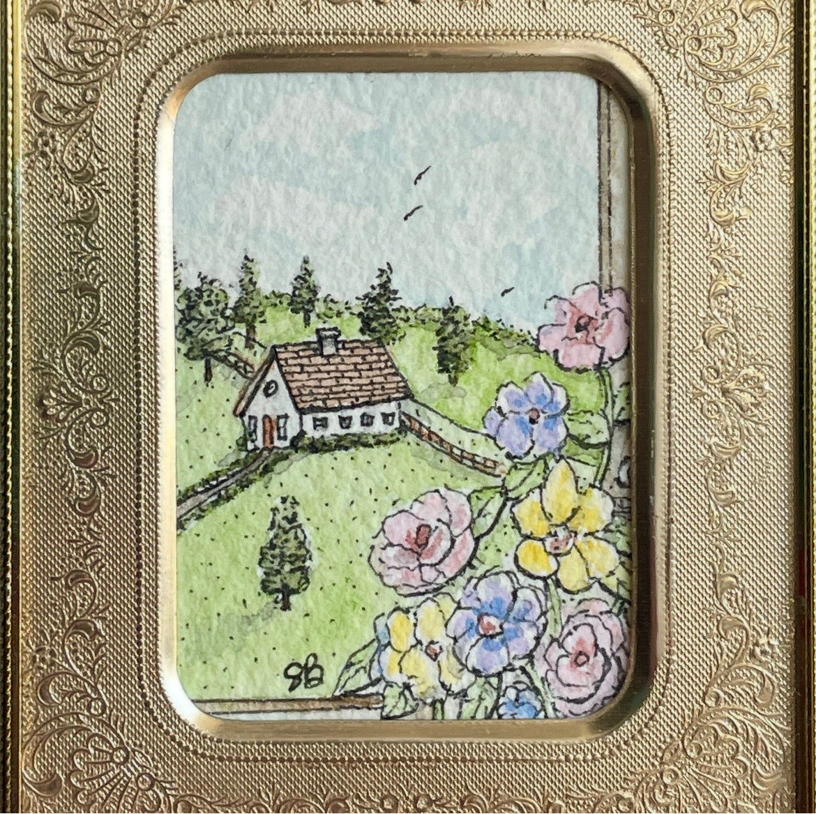 View From Window Original Tiny Art Watercolor Painting