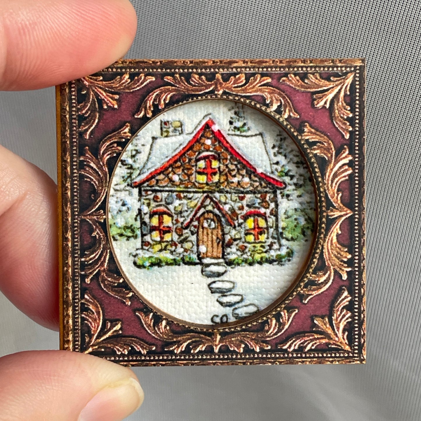 Snowy Stone Cottage Framed Canvas Print Magnet Tiny Art