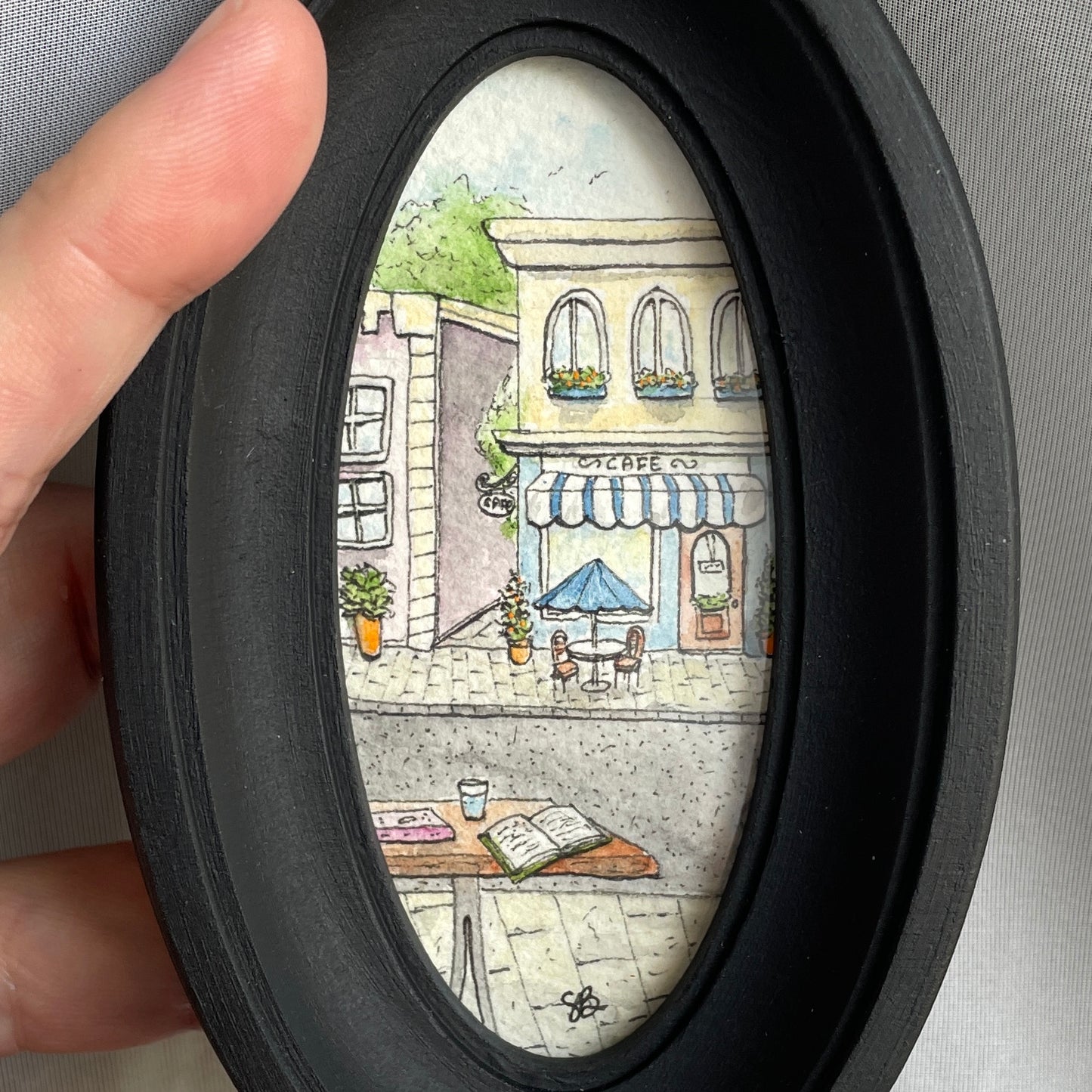 View of Cafe Tiny Art Original Watercolor Painting