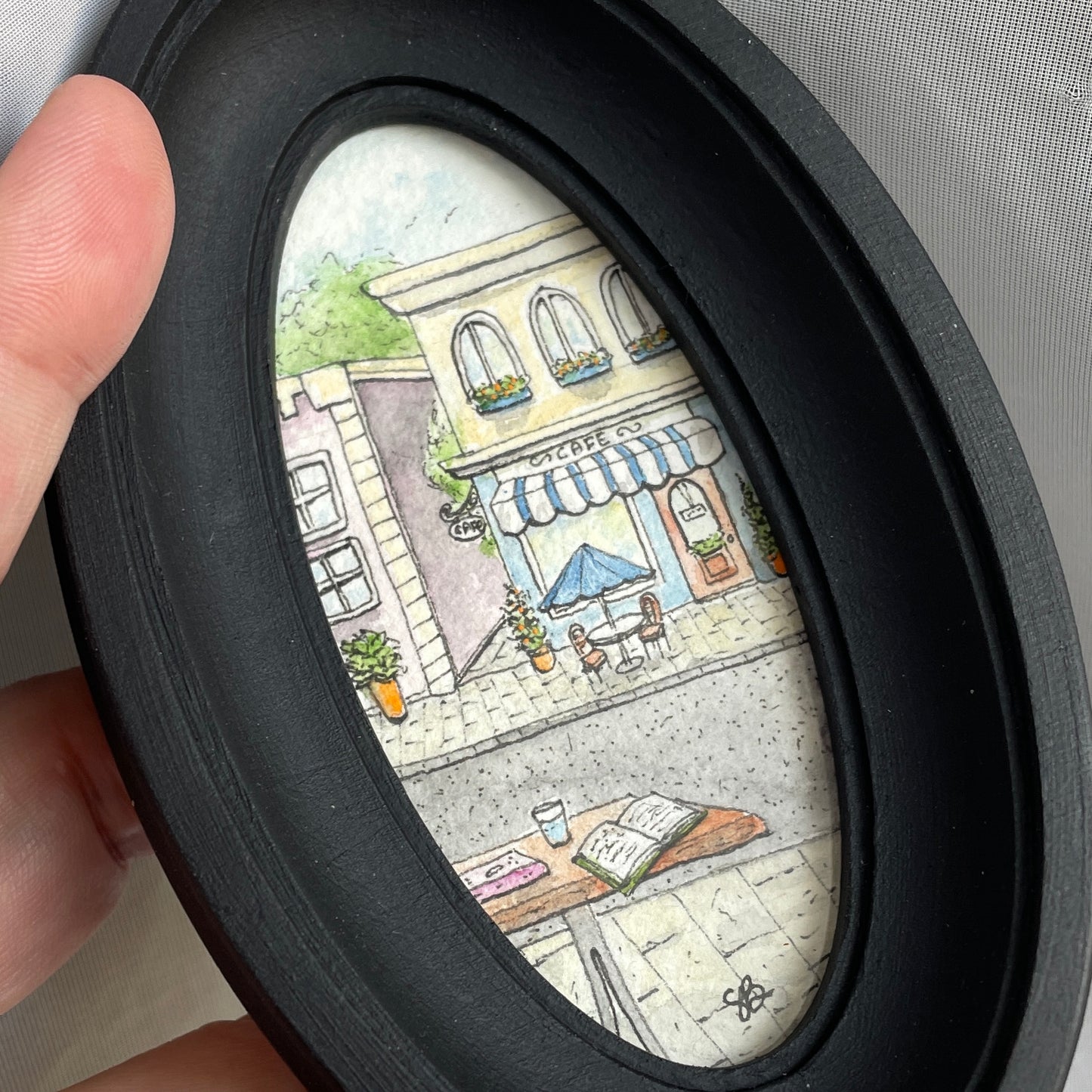 View of Cafe Tiny Art Original Watercolor Painting