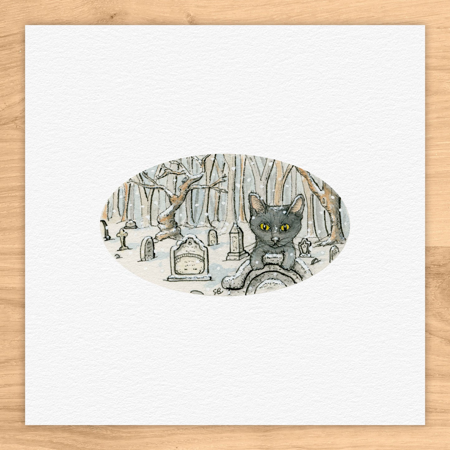 Kitten in Cemetery Watercolor Print