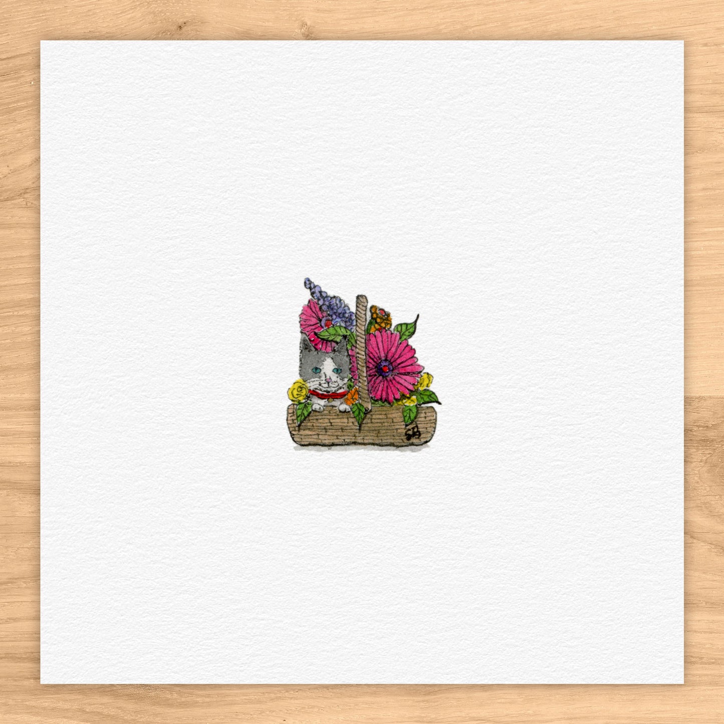 Kitten In Flower Basket Tiny Art Watercolor Print
