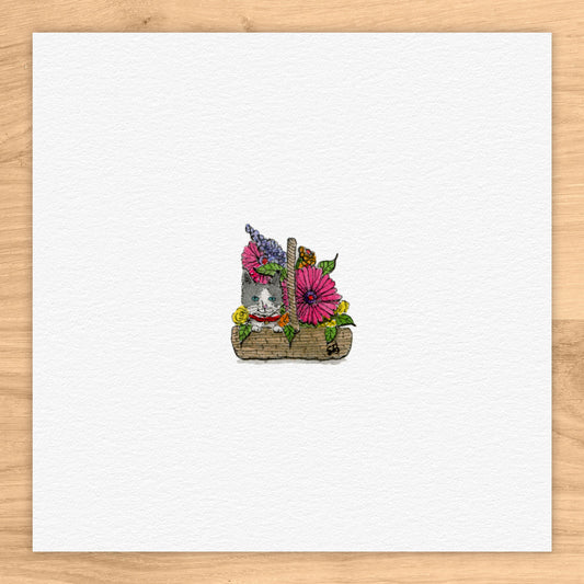 Kitten In Flower Basket Tiny Art Watercolor Print