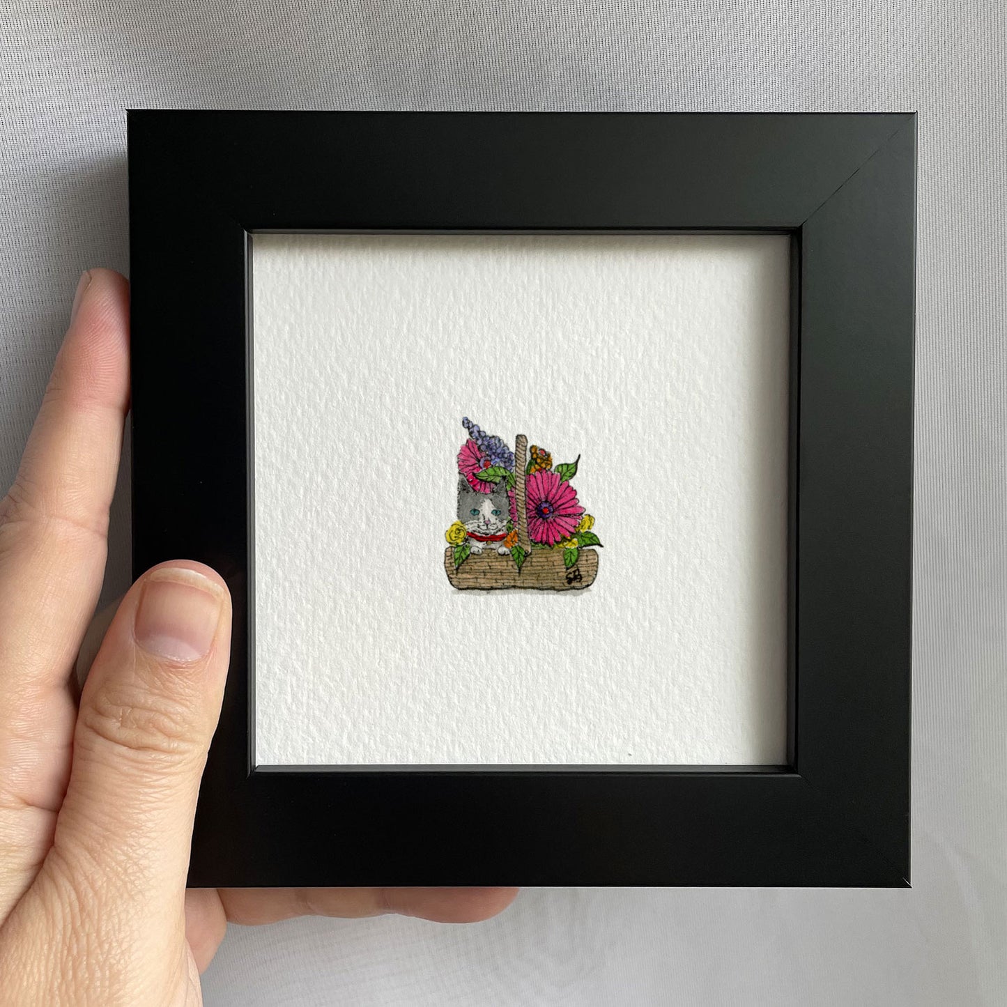 Kitten In Flower Basket Tiny Art Watercolor Print