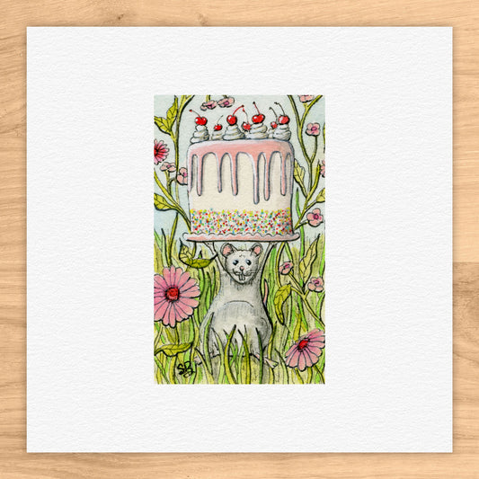 Mouse With Cake Watercolor Print
