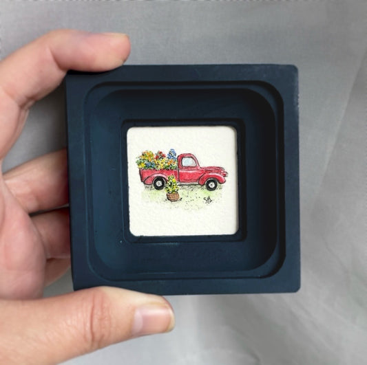 Red Pickup with Plants Tiny Art Original Watercolor Painting