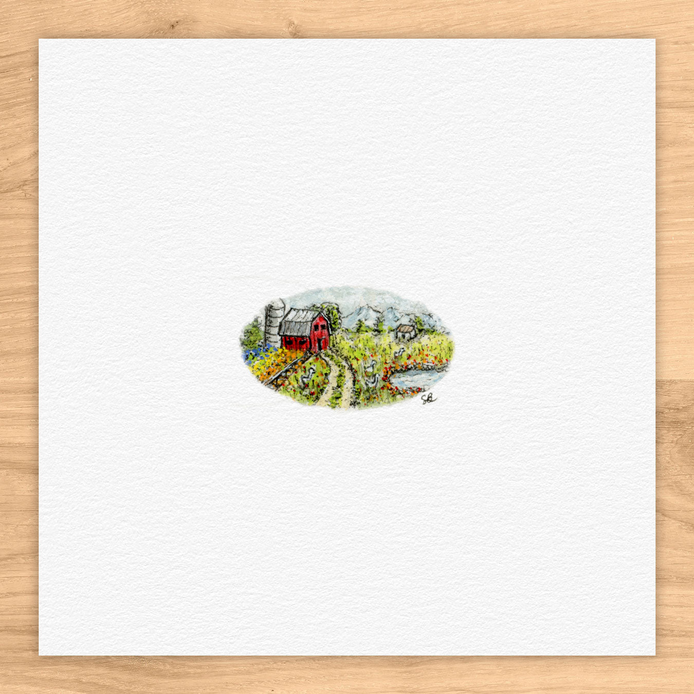 Oval Farm Landscape Tiny Art Watercolor Print